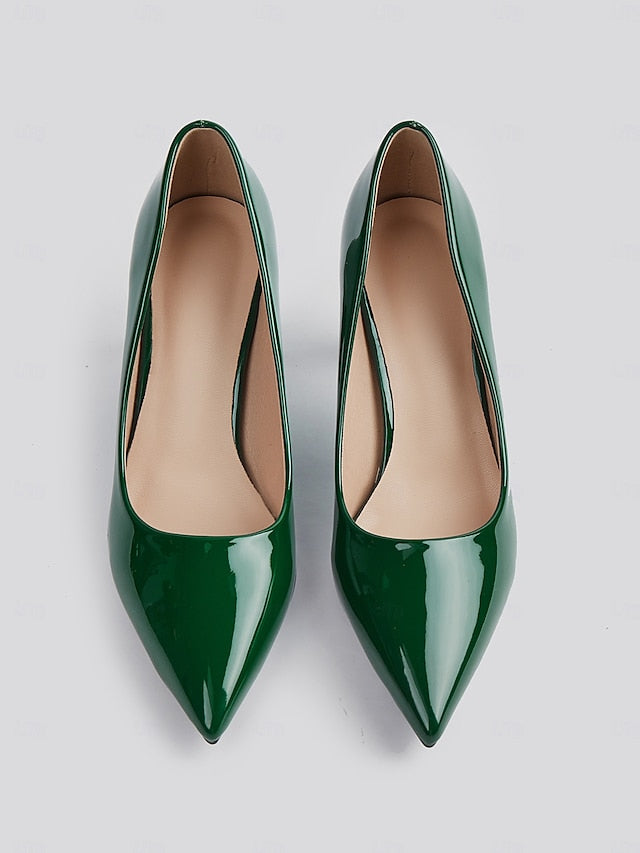 Green Leather Glossy Pumps Patent Heel Faux Block Pointed-Toe