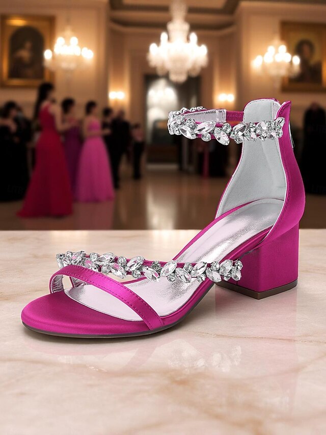 Satin Heel Block Sandals - Purple Women's Crystal