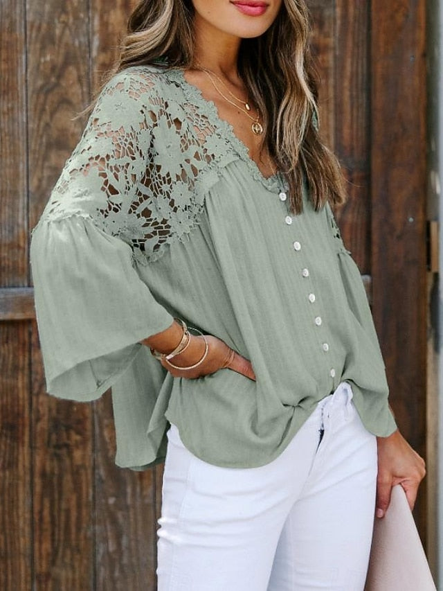 Women's White Elegant Lace Tops Eyelet Blouse Stylish