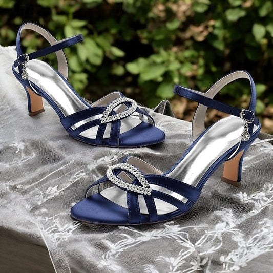 Women's Strappy Heels Blue Dark Rhinestone with Satin