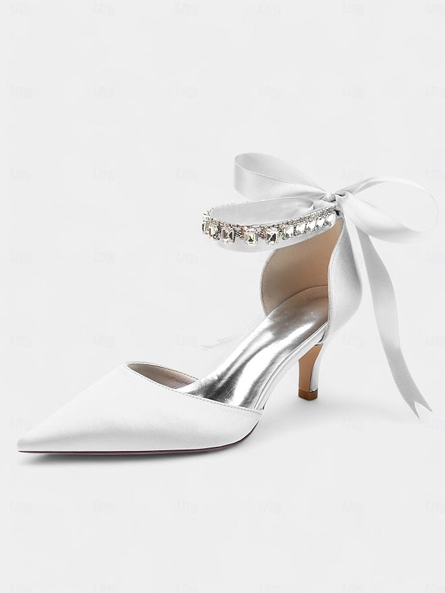 Ankle Rhinestone Blue Heels with Pointed-Kitten and Strap Satin