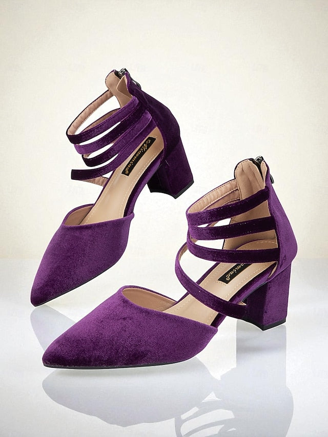 Block Heel with Blue Women's Velvet Pumps Toe Pointed