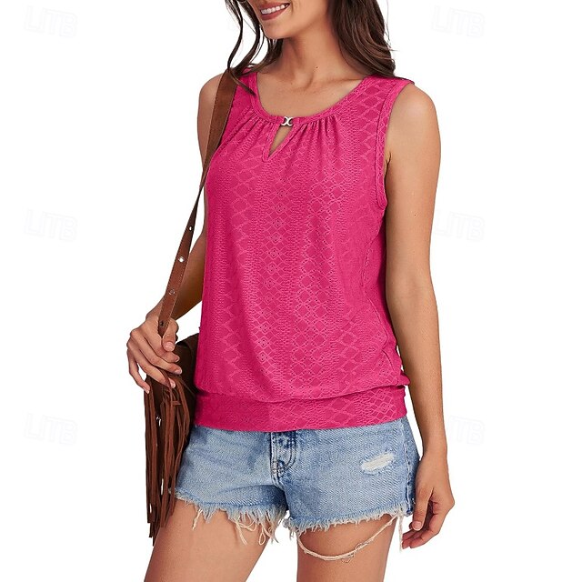 Women's T Shirt Eyelet Solid Color Casual Sleeveless Crew