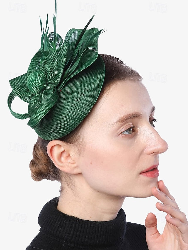Women's Hat and Bow Accents Green with Feather Fascinator