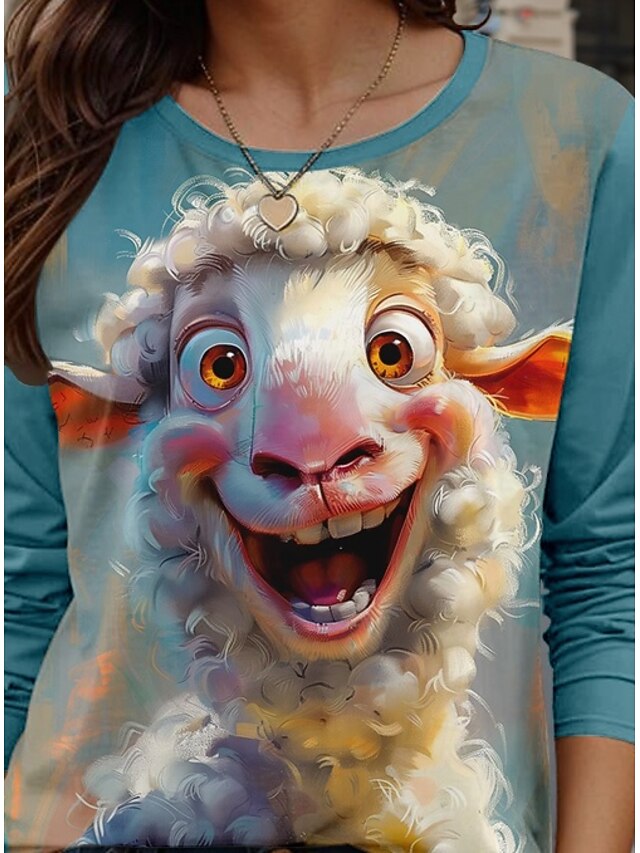 Women's T shirt Crew Neck Long Sleeve Tunic Animal Casual