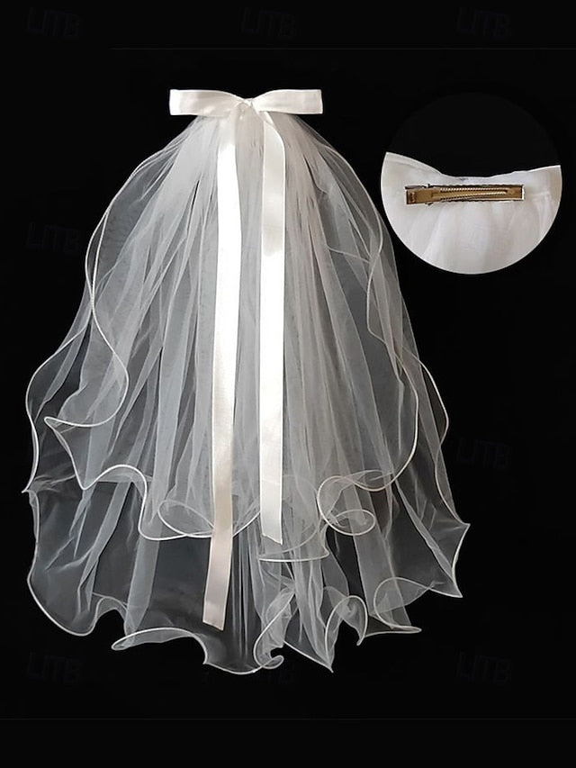 Ivory Ribbon Soft Bridal Satin Tulle and with Elegant Veil -