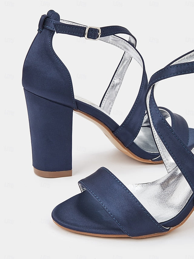 Satin Heel Elegant Block Women's Strappy Sandals –