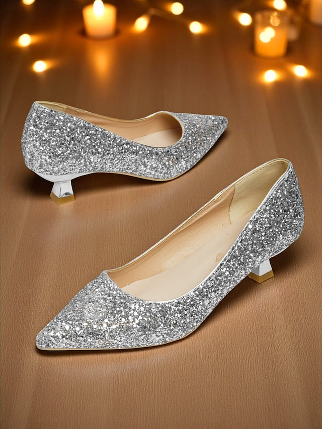 - Toe Heel Pointed Women's Glitter Low Sparkly Pumps