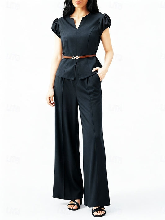 Women's Pants Sets Short Sleeve V Neck Solid Color Elegant