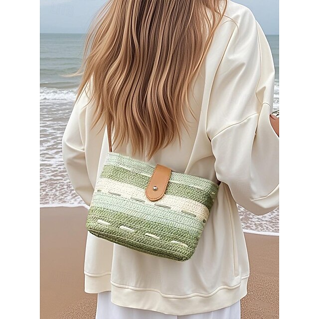 Striped with Bag Colorblock Women's Straw Woven Brown Tote