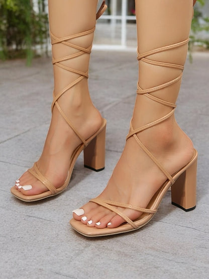 Lace-Up with Heel Block Women's Strappy Clear White Heels