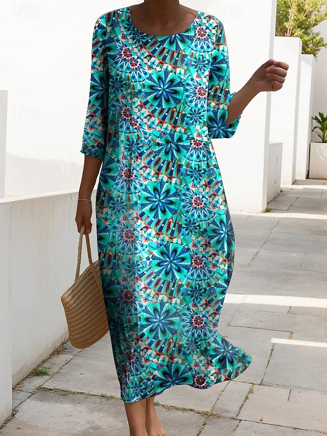 Women's Maxi Dress Kaftan 3/4 Length Sleeve Crew Neck