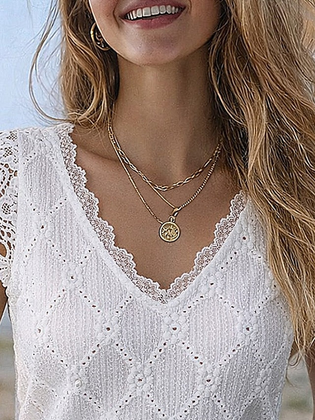 Women's T Shirt Lace Splicing Top Lace T-shirt Tee Top Lace