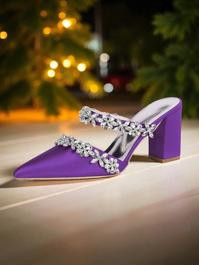 Black Satin Women's Rhinestone Mules Floral with Block Heel