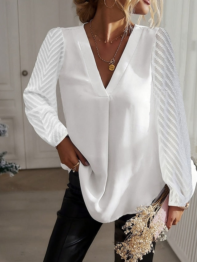 Women's Shirt Blouse Lace Patchwork Solid Color Stylish