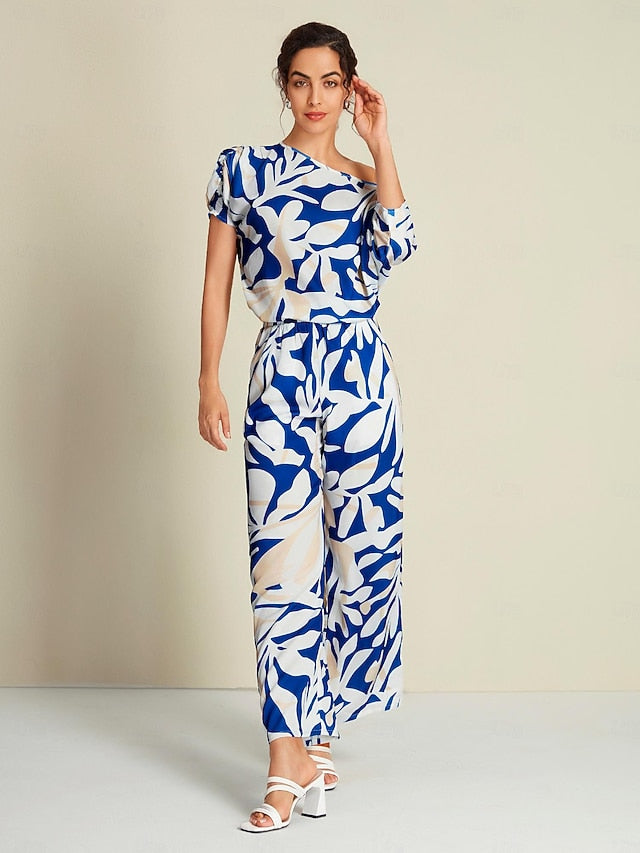 Satin Mismatched Floral Slash Neck T-shirt Sleeve Two Piece Set