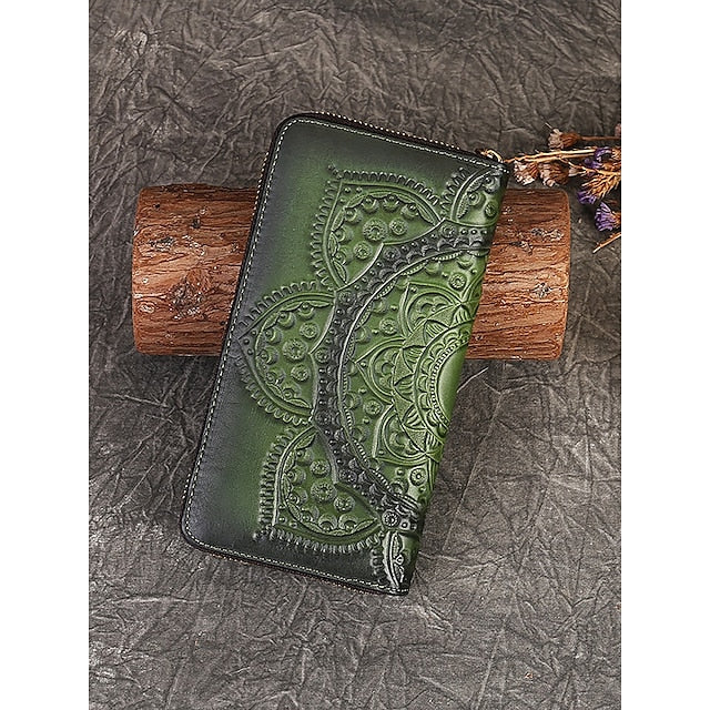 Handmade with elegant mandala leather wallet continental pattern