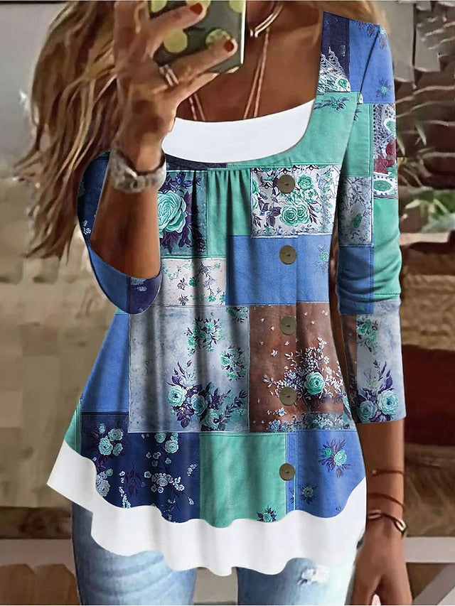 Women's T Shirt Patchwork Buttons Print Floral Graphic