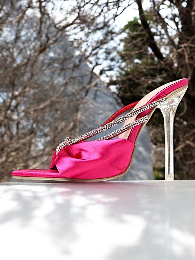 Heeled Rhinestone Sandals Bow Satin Women's – Hot Pink