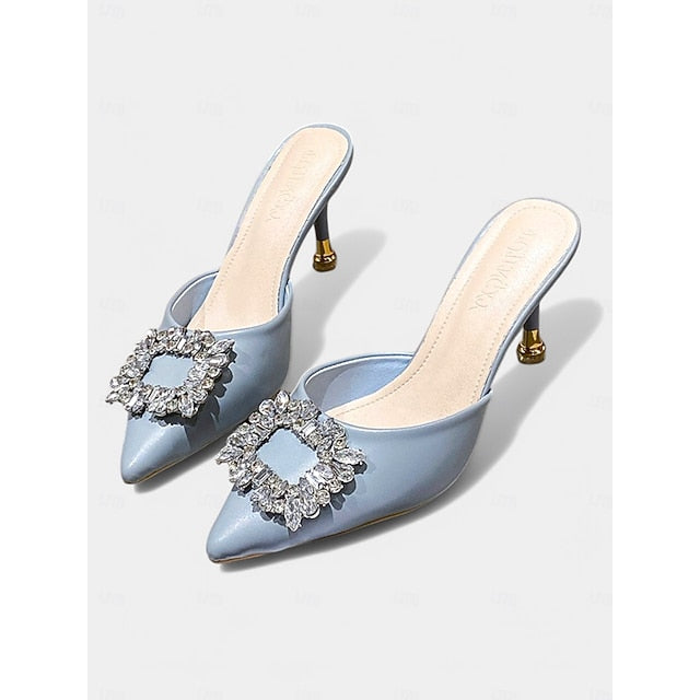 with Toe Light Blue Pointed Mules Women's Crystal Buckle