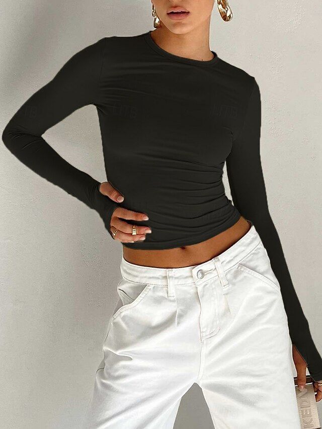 Women's T Shirt Long Cotton Top Tee Top Solid Color Fashion