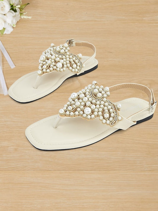 Flat T-Strap Elegant Pearl-Embellished Women's – Sandals