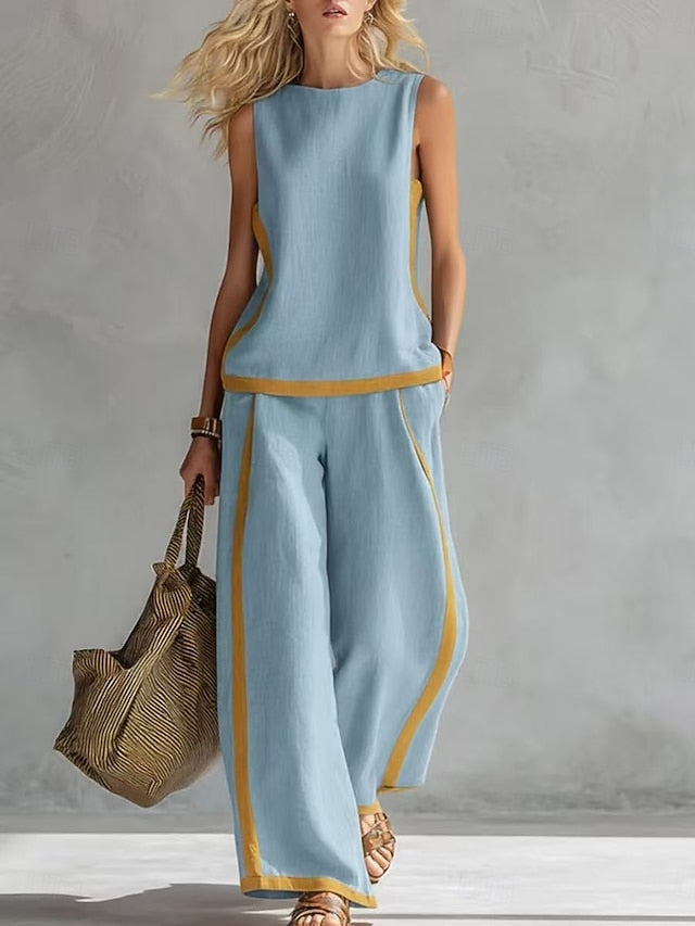 Women's Pants Sets Sleeveless Round Neck Striped Fashion