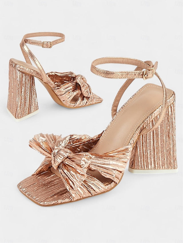 Rose Textured Detail with Heel Sandals and Knot Gold Block