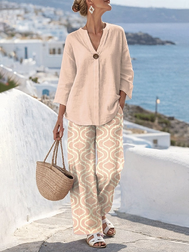 Women's Two Piece Sets Linen Like Pants Sets Bolero Top 3/4