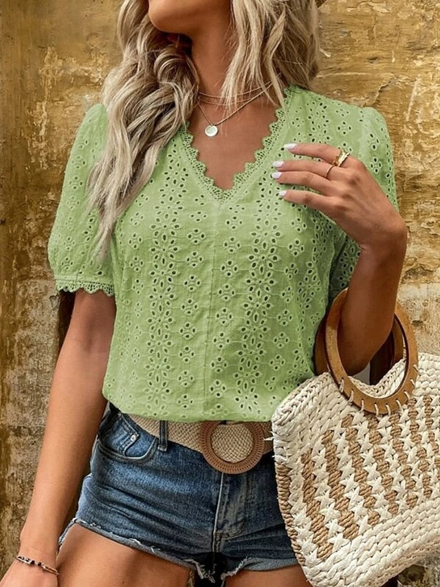 Women's Lace Splicing Top Blouse Lace Buttons Solid Color