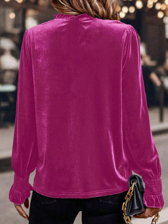 Women's Velvet Elegant Dressy Blouse Ruched Plain Vintage