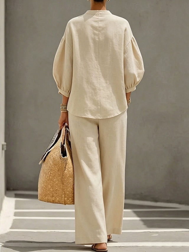 Women's Pants Sets 3/4 Length Sleeve Crew Neck Solid Color