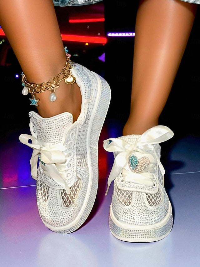White Women's Rhinestone Sneakers Ribbon with Laces Satin