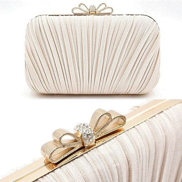 Bow Pleated Clutch Elegant Bag White Rhinestone Women's –
