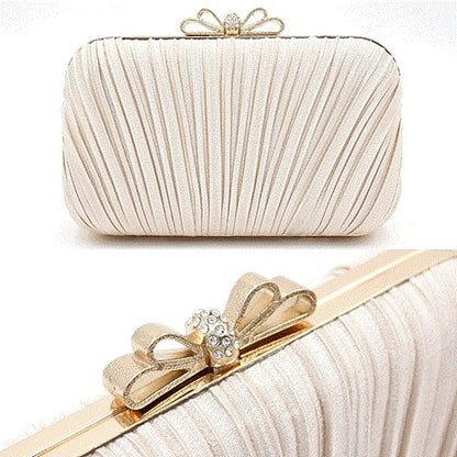 Bow Pleated Clutch Elegant Bag White Rhinestone Women's –