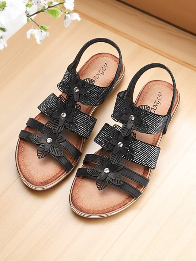 Floral Rhinestone Sandals Flat Women's Beige – Elegant