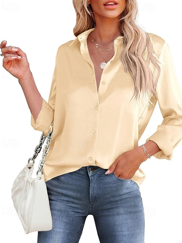 Women's Shirt Elegant Satin Top Blouse Buttons Plain