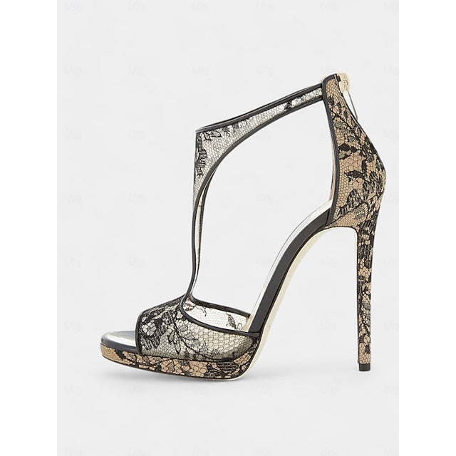 Heels Mesh Lace for Design Stiletto Peep-Toe with Black