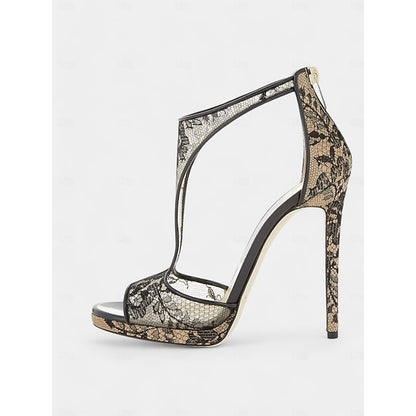 Heels Mesh Lace for Design Stiletto Peep-Toe with Black