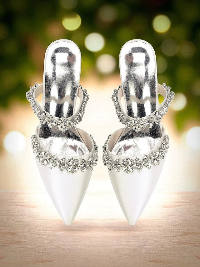 Black Satin Women's Rhinestone Mules Floral with Block Heel