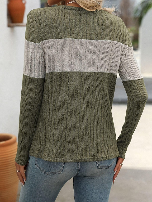 Women's Sweater Stylish Color Block Ribbed Crew Neck Print