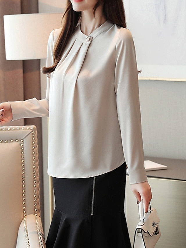 Women's Shirt Elegant Dressy Satin Top Ruched Buttons Plain