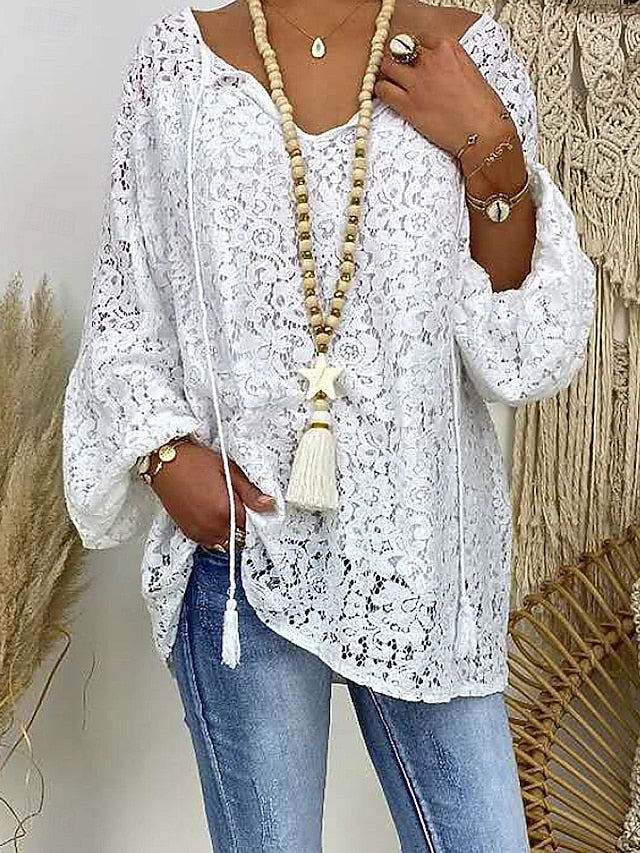 Women's Blouse Lace Solid Color Stylish Casual Long Sleeve