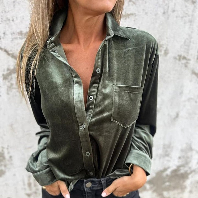 Women's Shirt Velvet Elegant Dressy Pocket Buttons Solid
