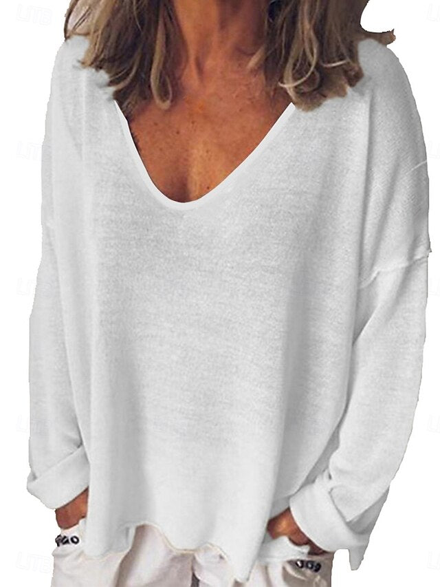 Women's Blouse Solid Color Stylish Casual Long Sleeve V