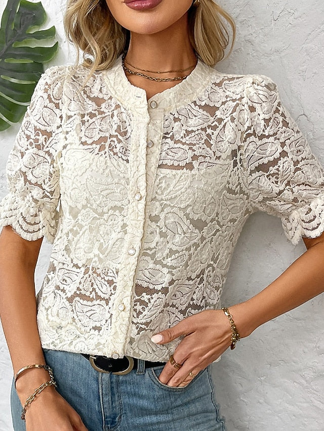 Women's Blouse Lace Tops Lace Buttons Plain Vintage Stylish