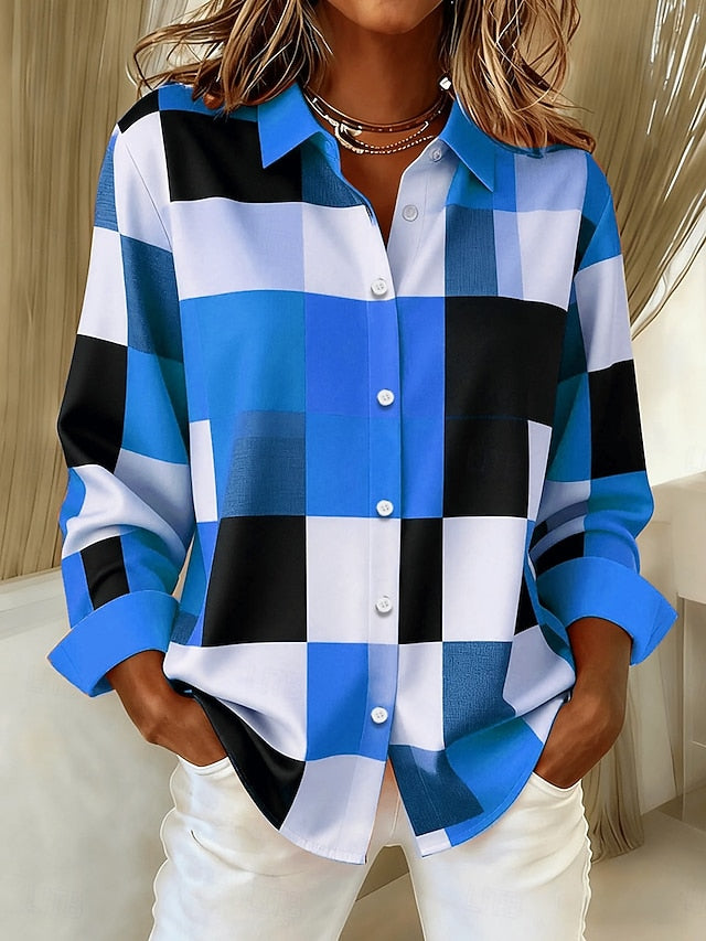 Women's Shirt Patchwork Buttons Print Graphic Plaid Color