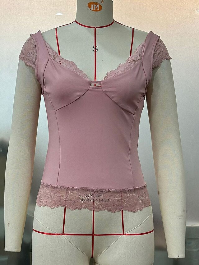 Women's Lace Splicing Top Blouse Lace Patchwork Plain