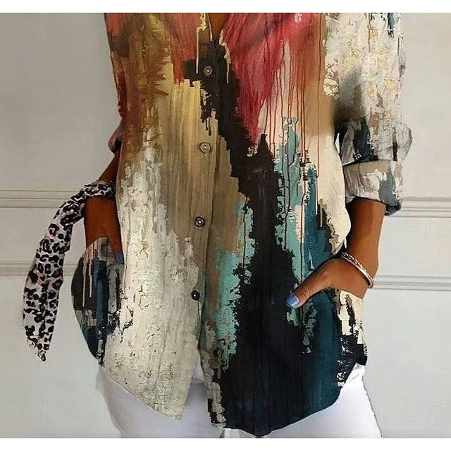 Women's Shirt Patchwork Buttons Print Graphic Geometric