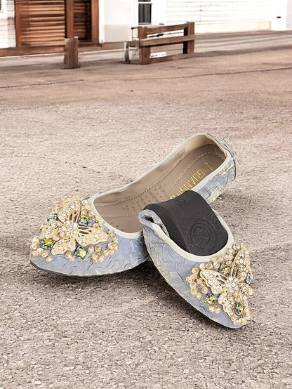 Women's Foldable Beaded Flats with Embroidered Ballet